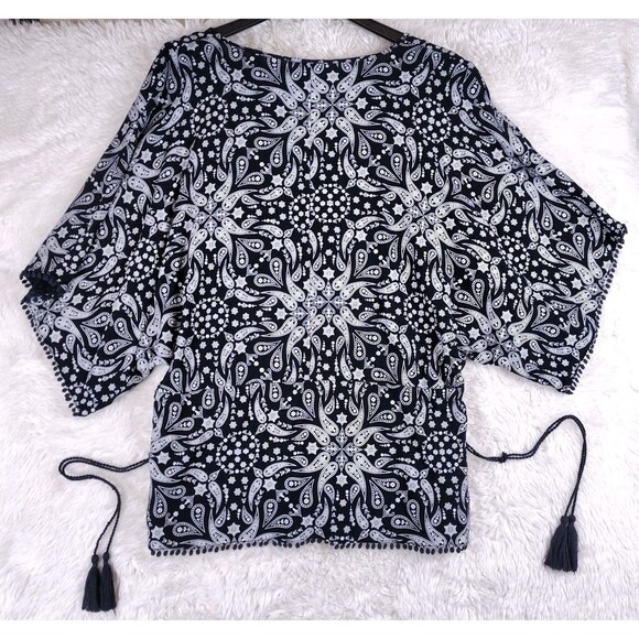 Ariat Dark Blue Western Bandana Print Tassle Batwing Blouse With Hidden Belt - Picture 7 of 7